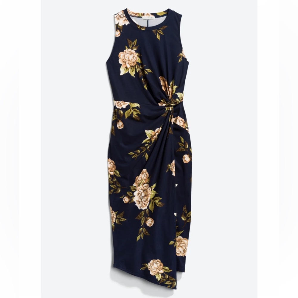 NINE BRITTON Brushed Knit Fitted Midi Dress, navy & floral, size XL petite, NWT